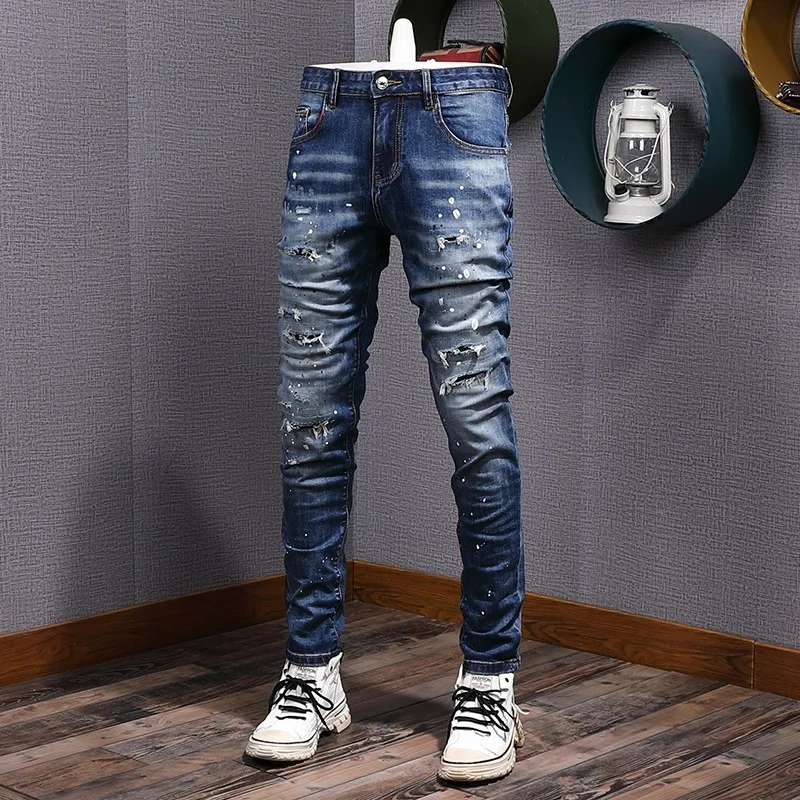 

Jeans men's splashed ink hole patch retro elastic slim fit small feet heavyweight denim trend nostalgic pants