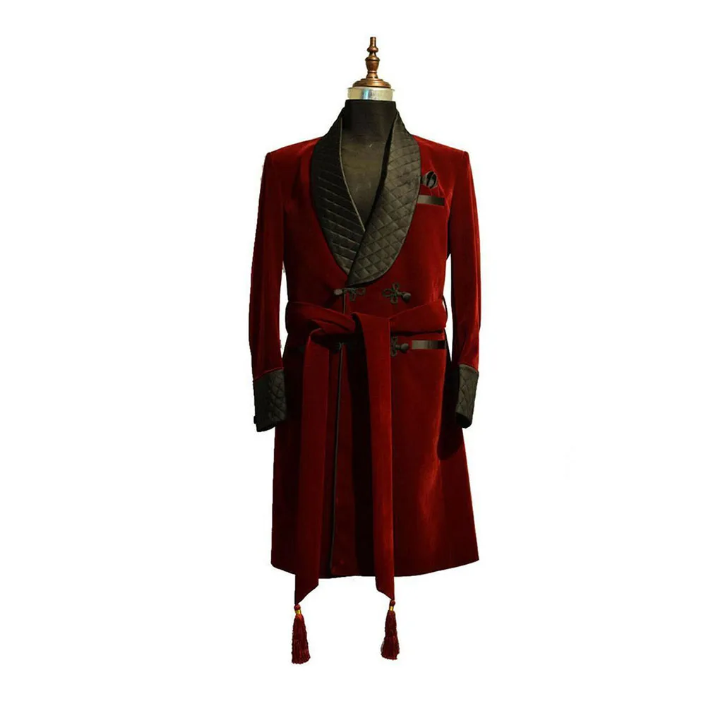 

Daily Burgundy Men's Jacket 1 Piece Black Shawl Lapel Velvet Long Coat Belt Smoking Costume Costume Casual Male Suits Blazer