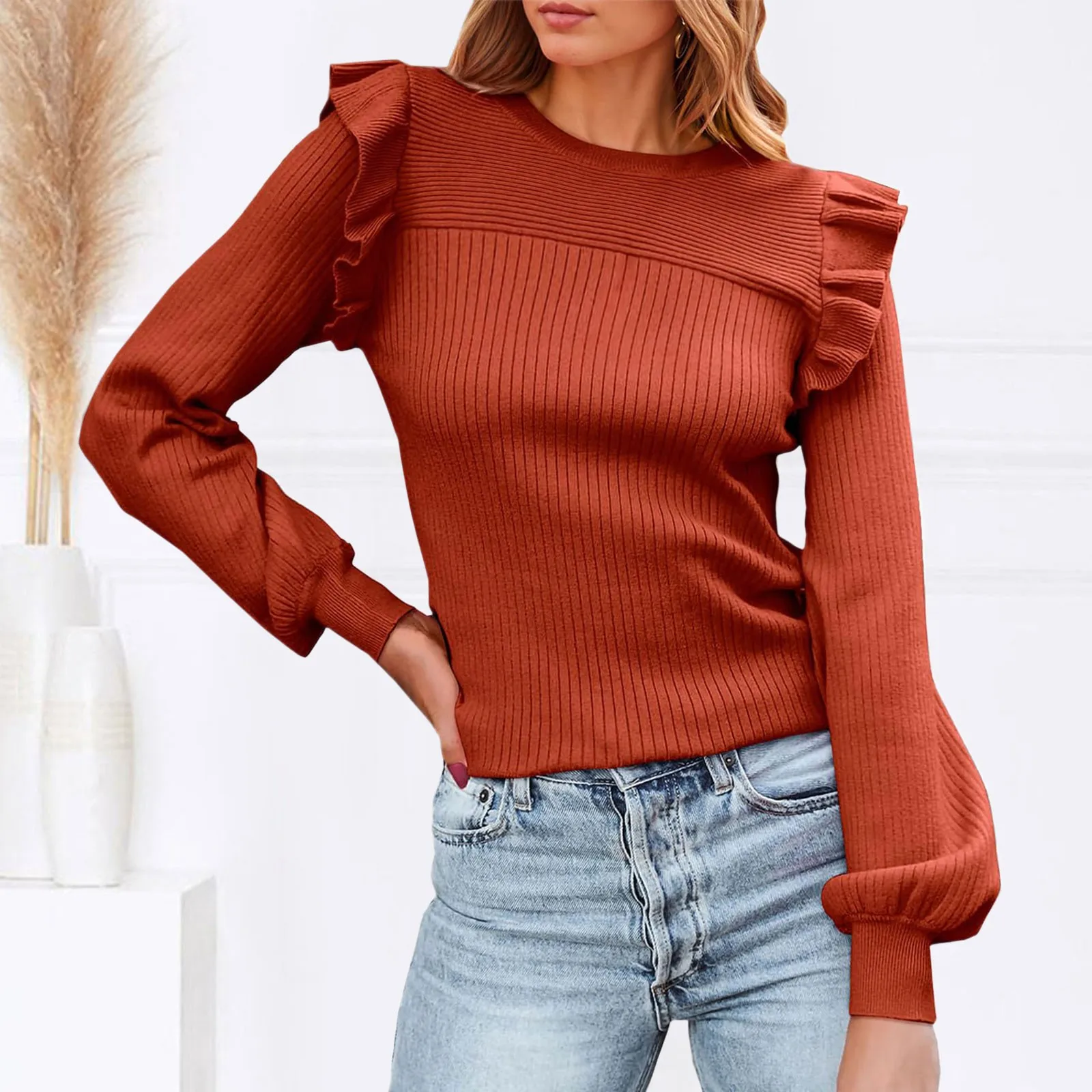 

2024 Autumn Winter Turtleneck Sweaters Women 2024 Elegant Casual Puff Sleeve Ruffle Shirt Blouse Elegant O Neck Slim Rib Sweater