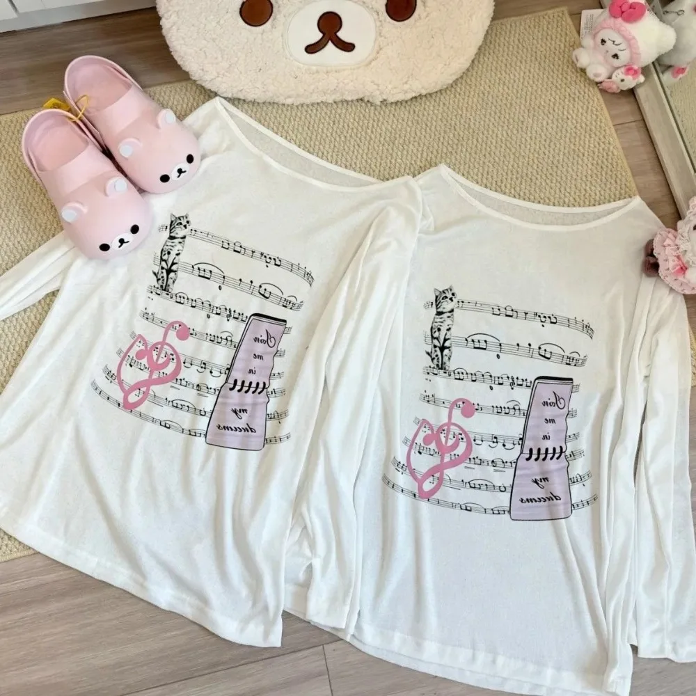 Japanese Cute Print Rock Music Covers Cat Print Tees Sun Protection Street Style Sweet Cool Girl Top Summer Women's T-shirt