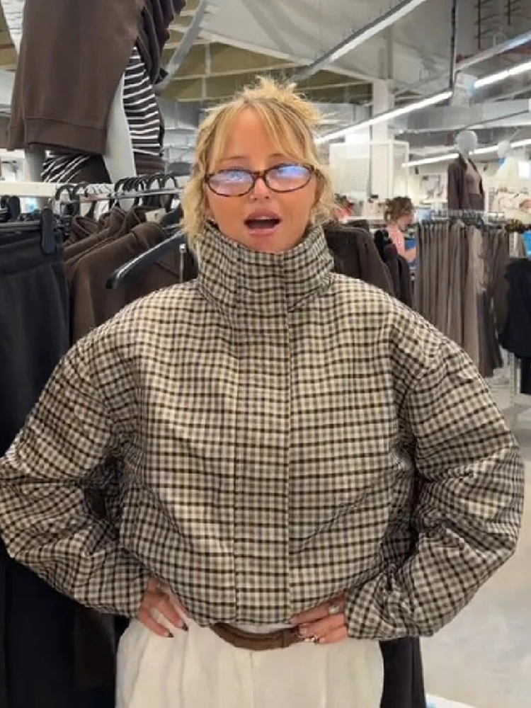 Vintage Plaid Zip Up Crop Jacket Women Trend Stand Collar Pocket Loose Long Sleeve Commute Coat Autumn Daily Casual Streetwear