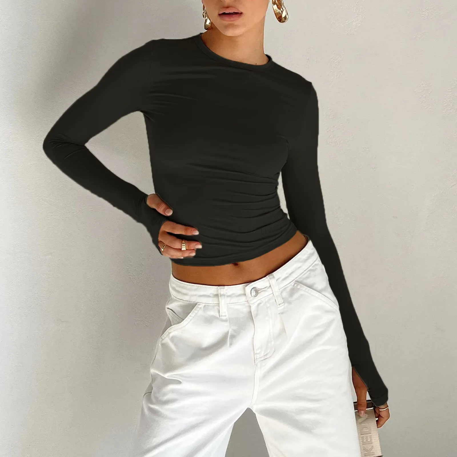 Europejska i amerykańska koszulka damska 2024 Wiosna Nowa moda Slim Fit Solidny okrągły dekolt Dół Y2K Top dla kobiet YBF6-3