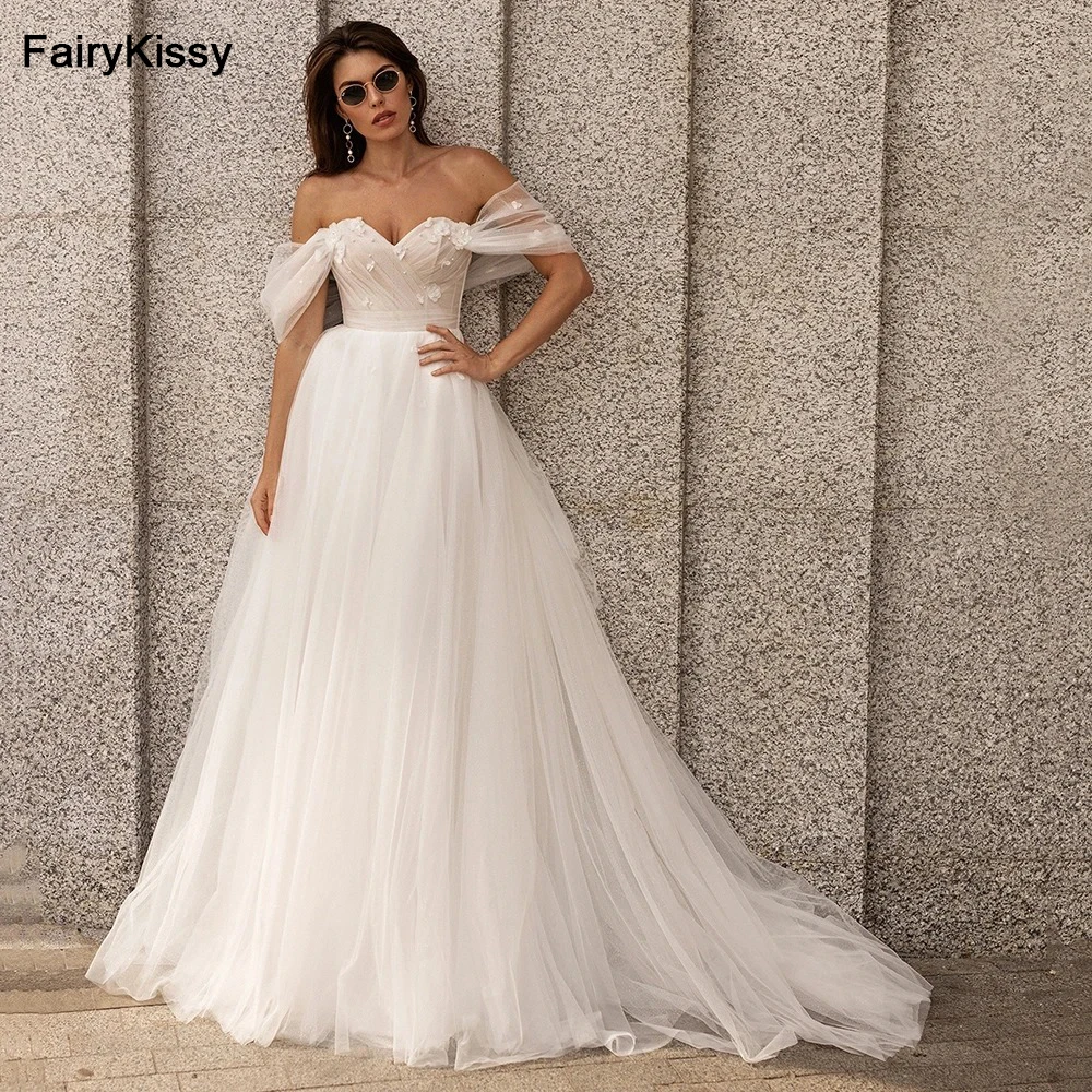 

FairyKissy Elegant Off the Shoulder Civil Wedding Dresses Soft Tulle A-line Country Bridal Gown Corset Bride Gown Robe de Mariee