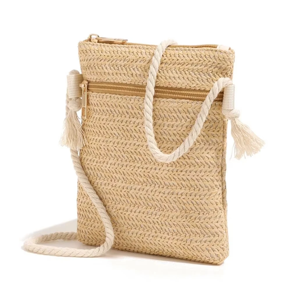 ISKYBOB Summer Straw Crossbody Bag Fashion Women's Boho Woven Shoulder Bag Messenger Pouch Beach Mobile Phone Bag Ladie Tote Bag