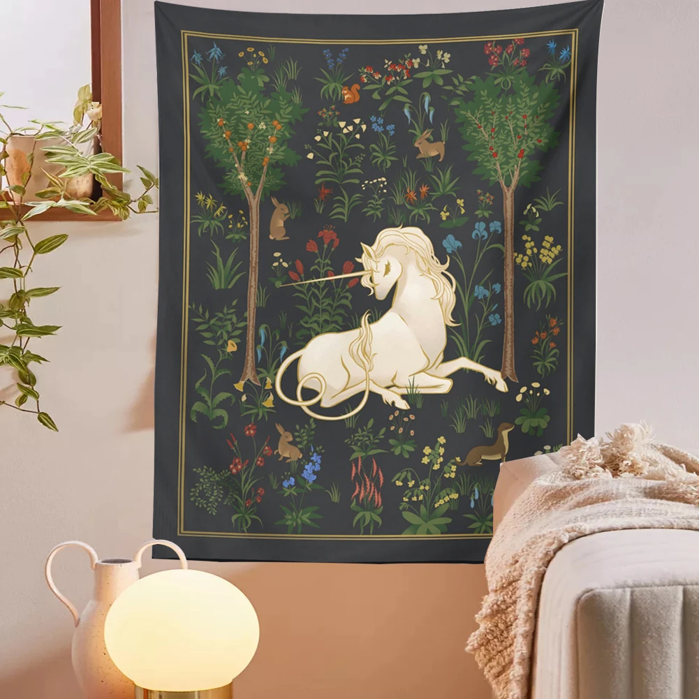 Mythical Unicorn Tapestry Wall Hangings Forest Fantasy Aesthetic Room Decor Heraldic Medieval Tapestry Art Fairytale Anime Decor