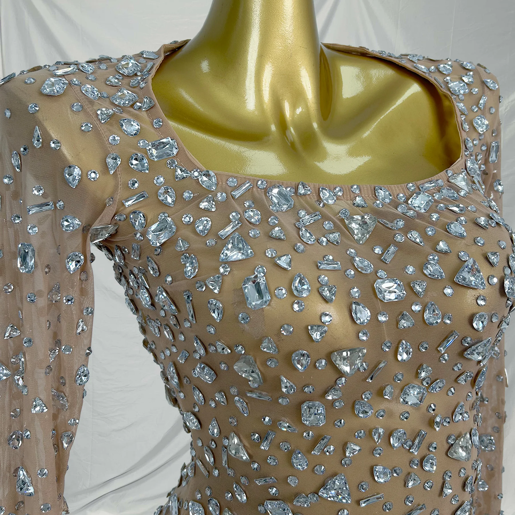 Sexy Long Sleeves Square Collar Night Club Party Banquet Mini Dress Cocktail Crystal Prom Sheath Dress Female Stripper Outfits