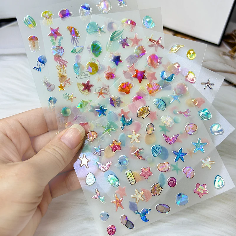 12pcs/Set Colourful Jellyfish Fish Tail Beach Nail Sticker Seasnail Sea Shell Conch 3D Decoration Nail Art Slider Manicure Decal