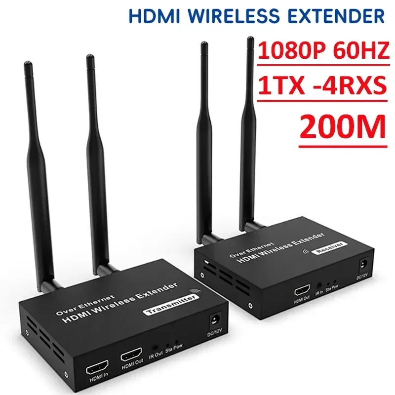 1080P 200M 5.8GHz TV Stick Wireless HDMI Transmitter Receiver Extender 1 TX-4 RX Audio Video Extender Kit with IR HDMI Loop-Out