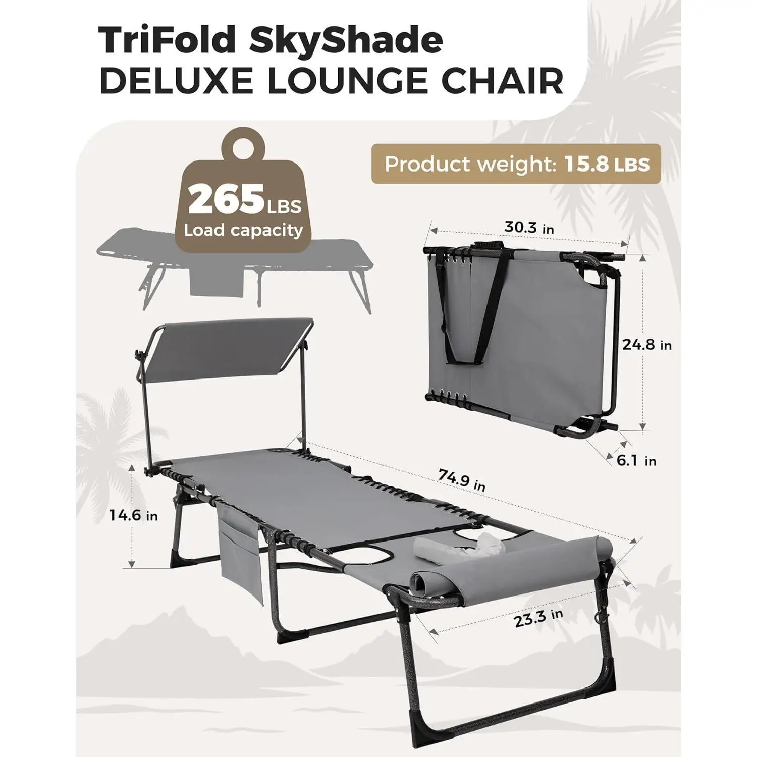 2 Pack Lounge Chair Outdoor with Canopy & Face Hole, Adjustable 5-Position Folding Chaise Tanning Recliner Portable ComfyChaiser