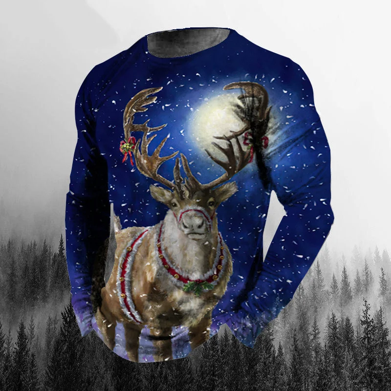 Merry Christmas Pattern T-Shirt For Men Reindeer Sled 3D Print T Shirts Autumn Casual Oversized Round Neck Tops Long Sleeve Tees