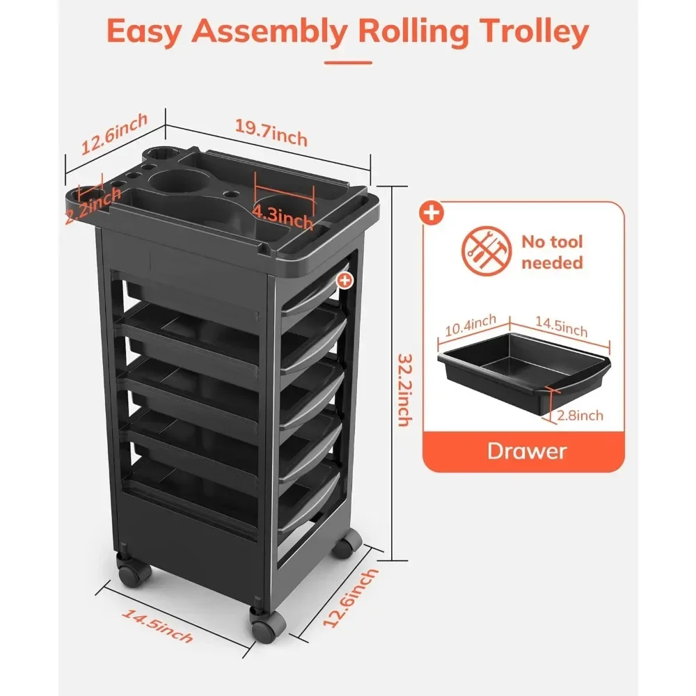 Budgethaarstylingkar Met Wielen En 5 Laden, Salon Rolwagentje Voor Extra Kappersopslag, Gereedschapsvrije Rollende Salonwagen
