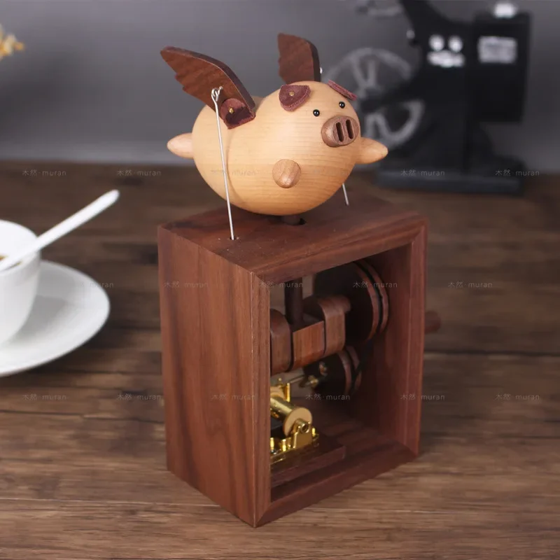 Cute Flying Pig Hand-cranked Music Box for Birthday Gift or Home Decor