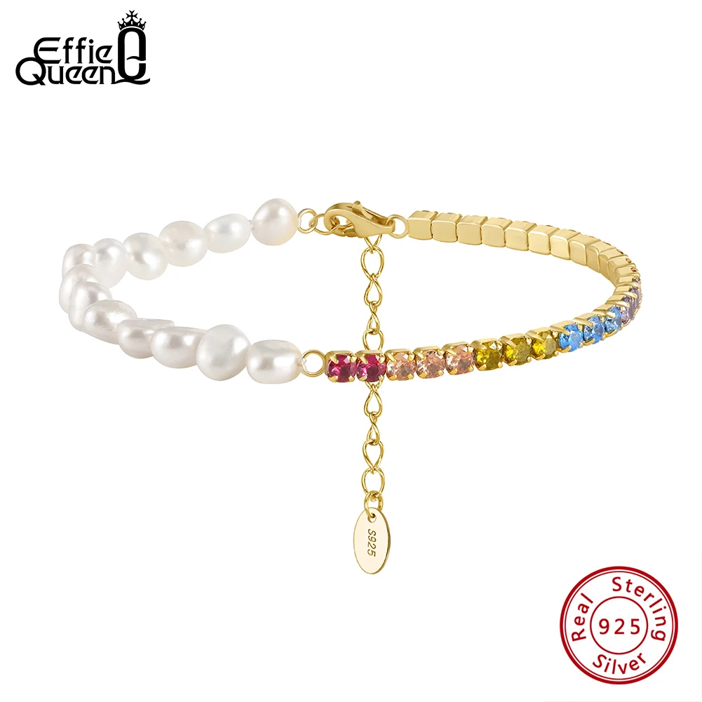 

EFFIE QUEEN Fashion 14K Gold Tennis CZ Bracelet 925 Sterling Silver Natural Baroque Pearl Bracelet Party Jewelry for Women GPB25