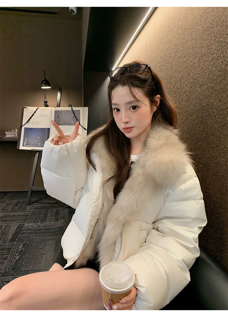 ZAROY Women's Winter Jacket Luxury Fox Fur Collar Puffy Thicken Warm Cotton Short Coat High Street Fashion Outwear Parkas куртка