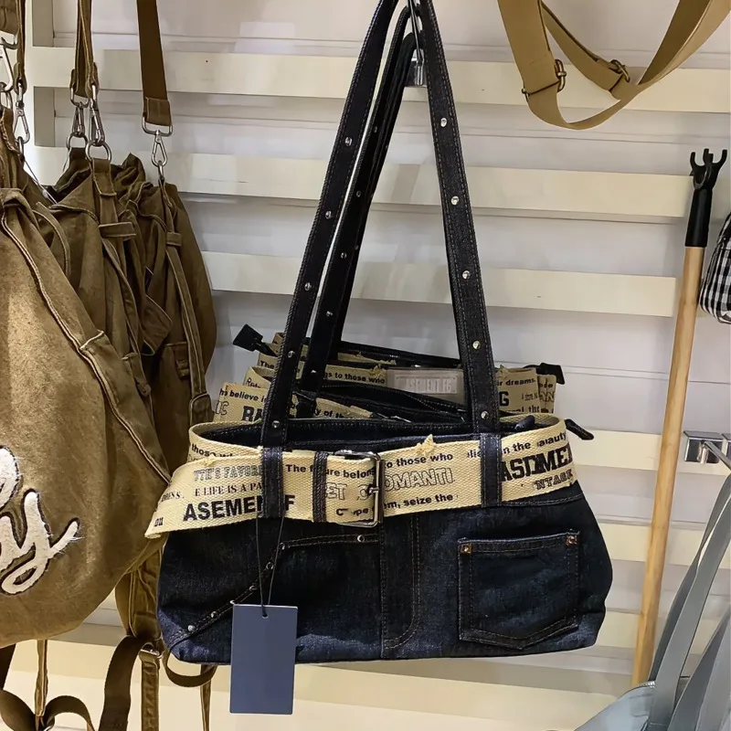 Large Capacity Denim Tote Bag, Women Y2K Vintage Jean Shoulder, Handbag Rivet Strap Letter Print, Casual Street Fashion Purse