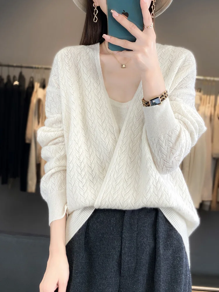 New Style Spring Summer Women 100% wool Sweater  Deep V Neck Pullover Loose Sweater Casual Fashion Plunging Lady Knitted Tops