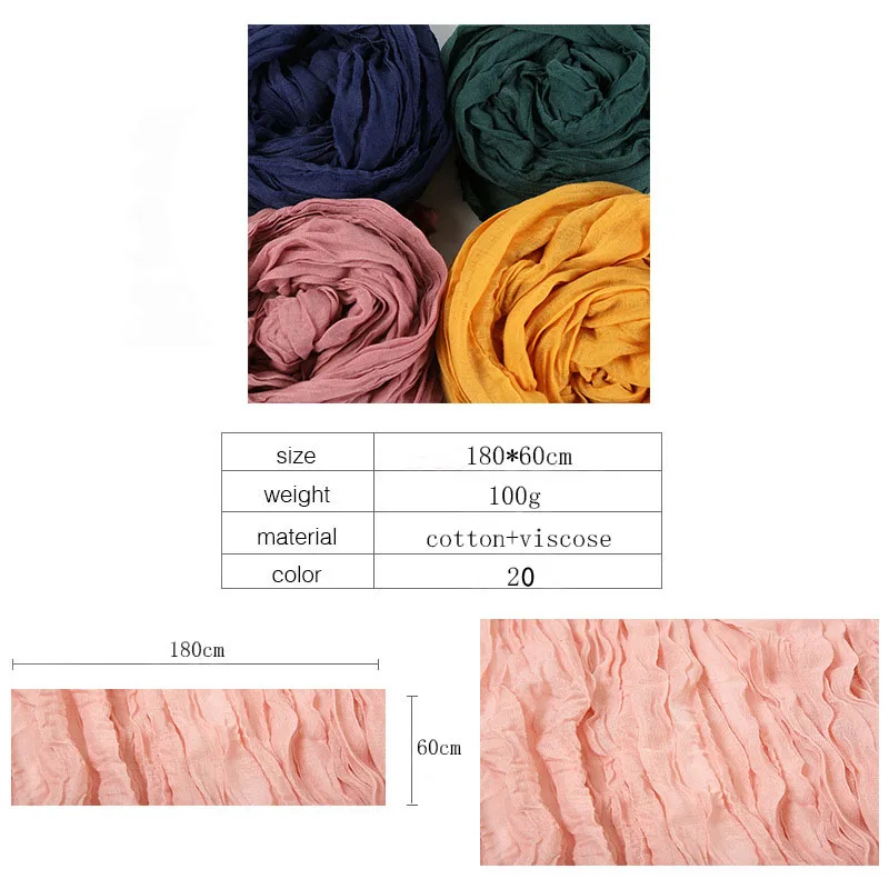 Lenço de algodão liso bolha feminino, silenciador de rugas macio e sólido, xale, envoltório de pashmina, dobra muçulmana, estolas hijab 180x60cm, moda, 2021