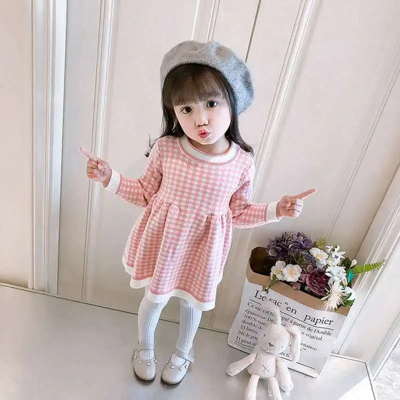 Autumn and Winter Girls\' New Checkered Printed Long Sleeve Color Blocked Sweet and Cute Fashion Warm Mini Woolen Dress