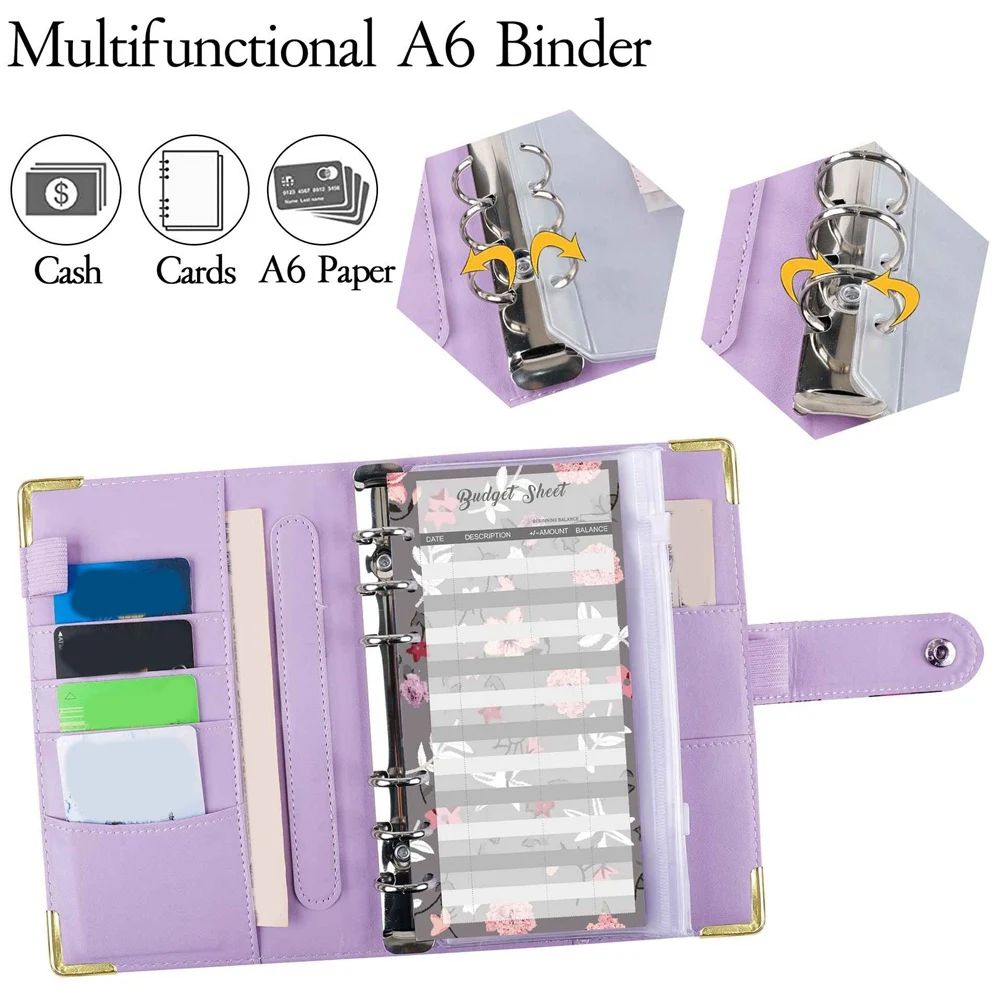 ซองซิปสมุดแพลนเนอร์ลายนูนรูปผีเสื้อ A6ซองเงินสดออแกไนเซอร์จัดงบประมาณสำหรับเงินสดสีม่วง