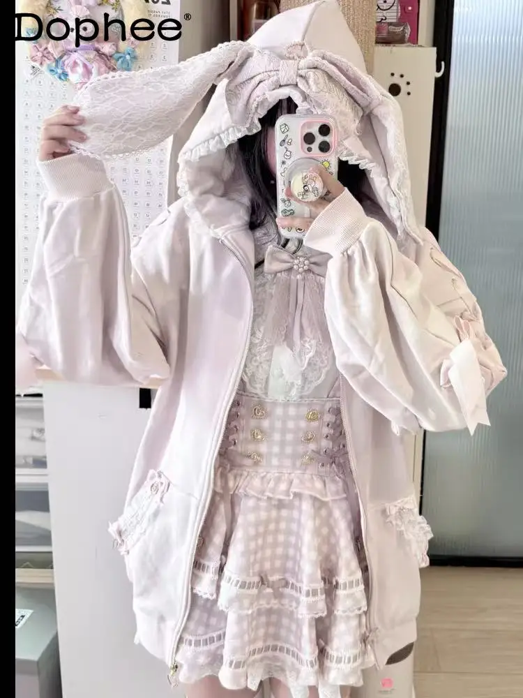 

Y2K Subculture Japanese Original 2025 Autumn New Sweet Girl Bunny Ear Lace Hooded Sweatshirt Cute Loose Tie Long Sleeve Jacket