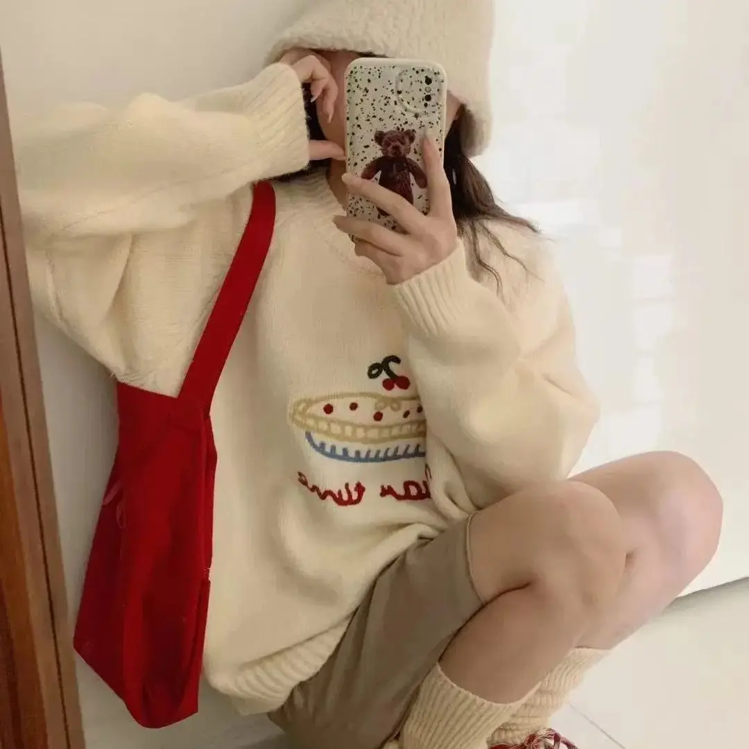 Rose Pink Pullover Cute Embroidered Outer Wear 2024 New Autumn Winter College Style Loose Ins Lazy Style Sweater