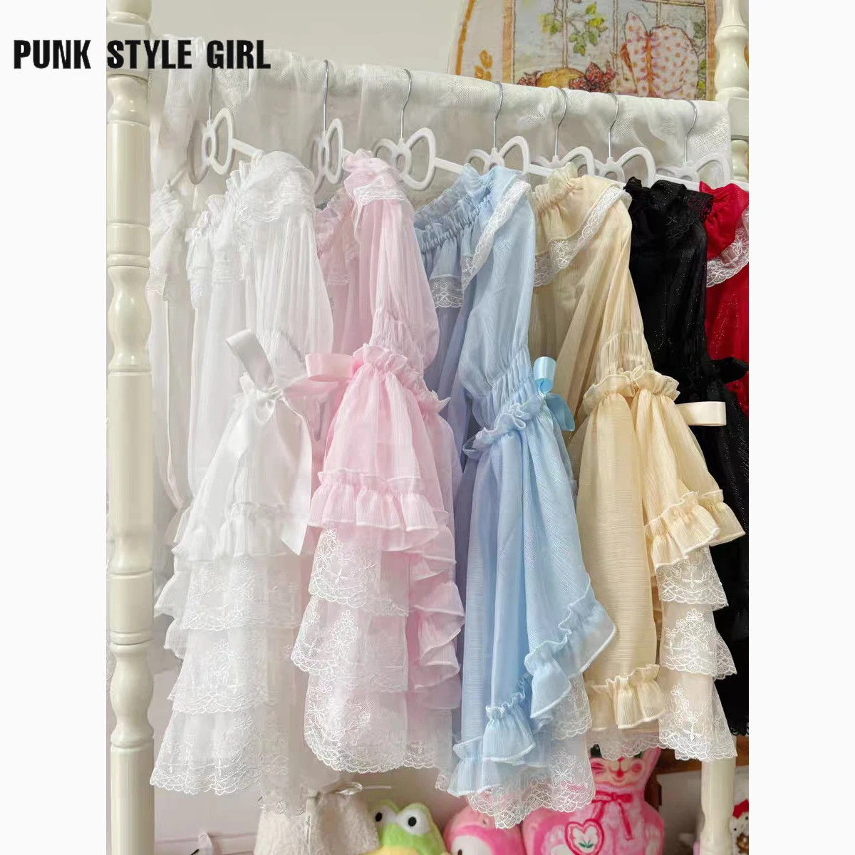 2024 Women Victorian Sweet Lace Bow Ruffles Blouses Flare Sleeve Harajuku Y2k Lolita Shirts Japanese Kawaii Shirt Mujer Tops