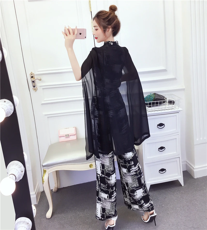 2024 Summer Korea Fashion Women Temperament Slim Shawl Tops+Split Pants Set Two Pieces Suits Female