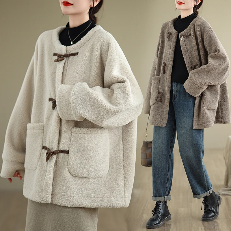 

Lamb Fur Jaet Women's Thiened Fce Lined Autumn Winter Sle Button up Classic Retro Cotton Coat Long Sve round Ne