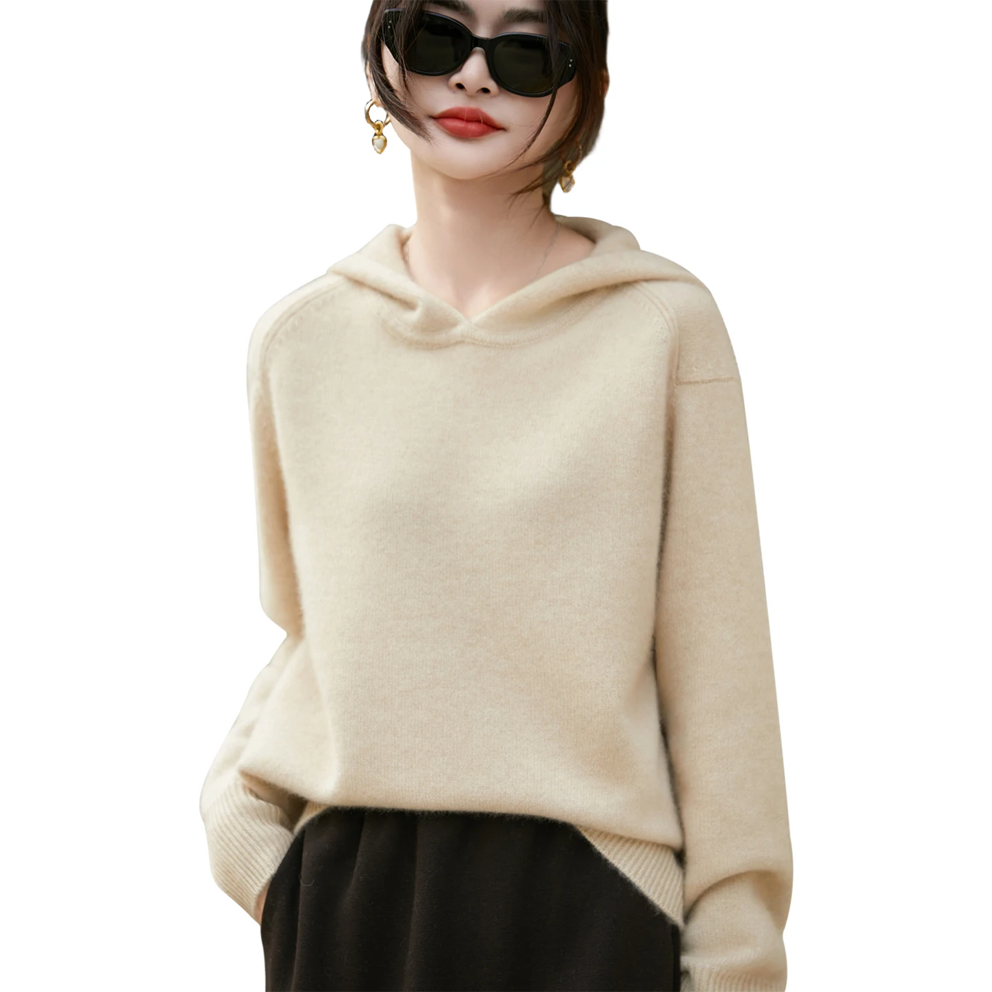 Winter Thicken Hoodie Loose Style Pullover Women Knitting 100% Merino Wool Sweater Front Shoulder Inversion High quality Tops