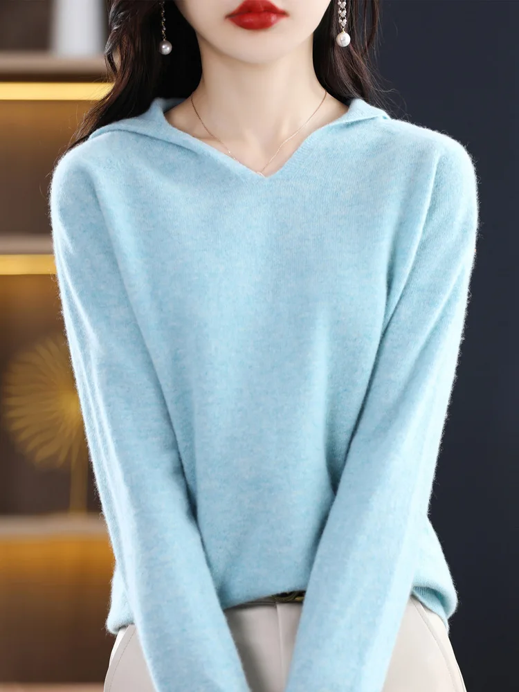 Autumn Winter Women Casual Pullovers Hoodie 100% Merino Wool Sweater Korean Fashion Cashmere Knitwear Female Clothes Tops