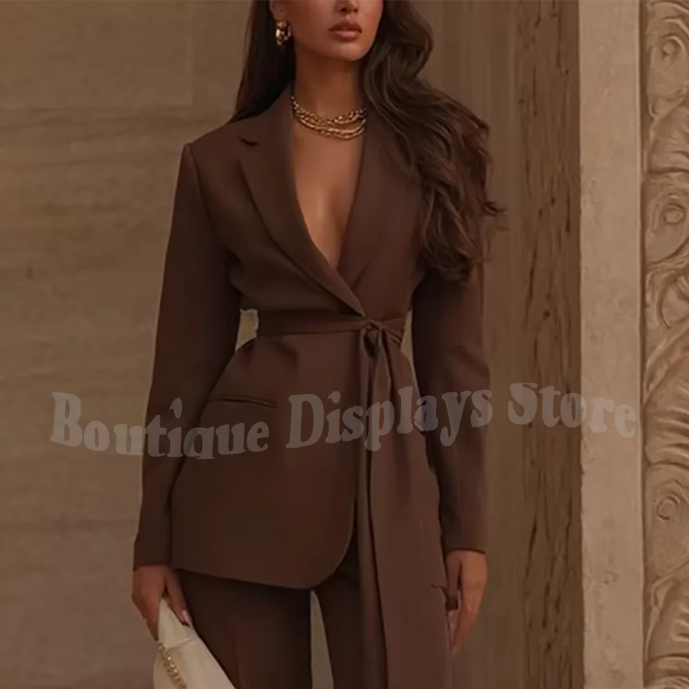 Minimalist Solid Color Women's Suit With Belt Chic Notch Lapel Straight Fit Long Sleeve Business Meeting Wedding Suit 2 Piece
