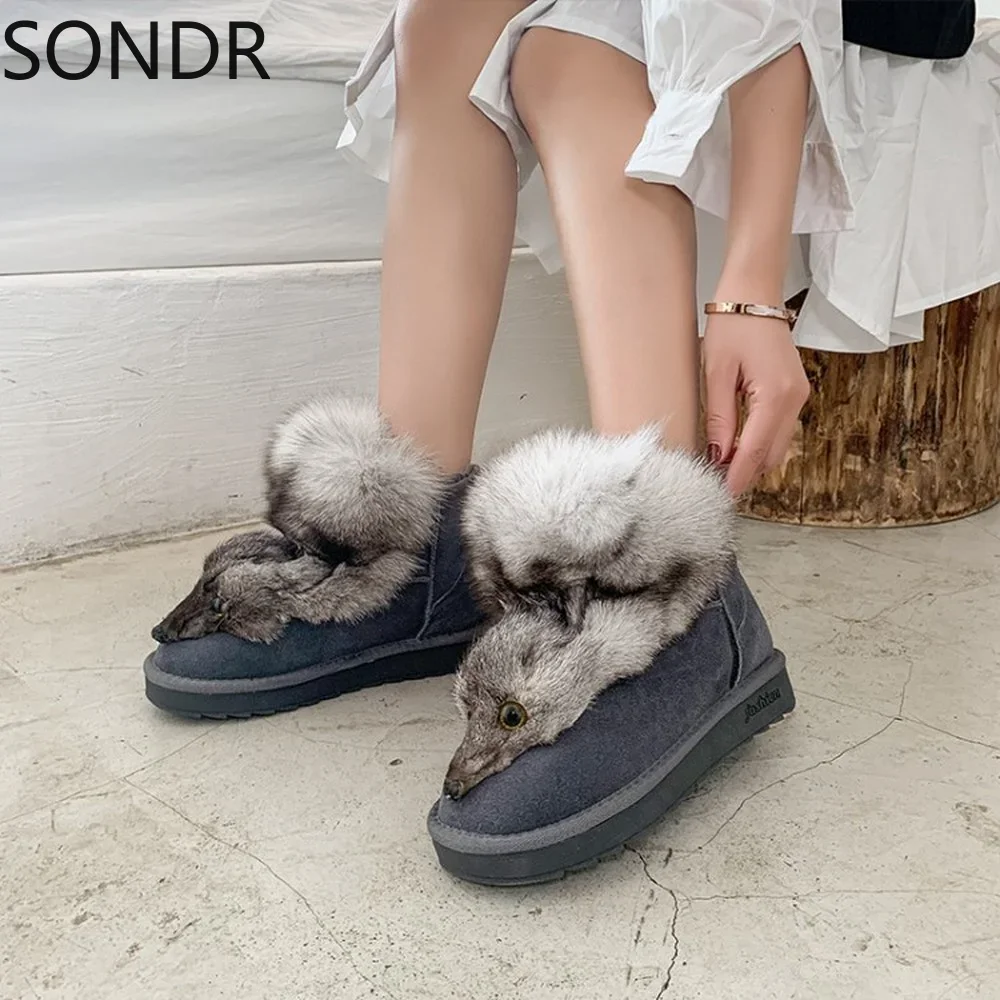 Womens Round Toe Real Fox Fur Ankle Boots Warm Winter Snow Shoes Thick Platform Girls 3Colors