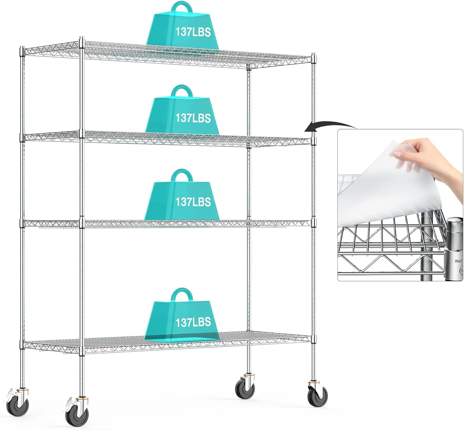 Wire Shelving with Wheels, 48x18x72 Inch, 3000 Lbs Storage Shelves Heavy Duty, Commercial-Grade Adjustable Utility Shelf, NSF-Ce