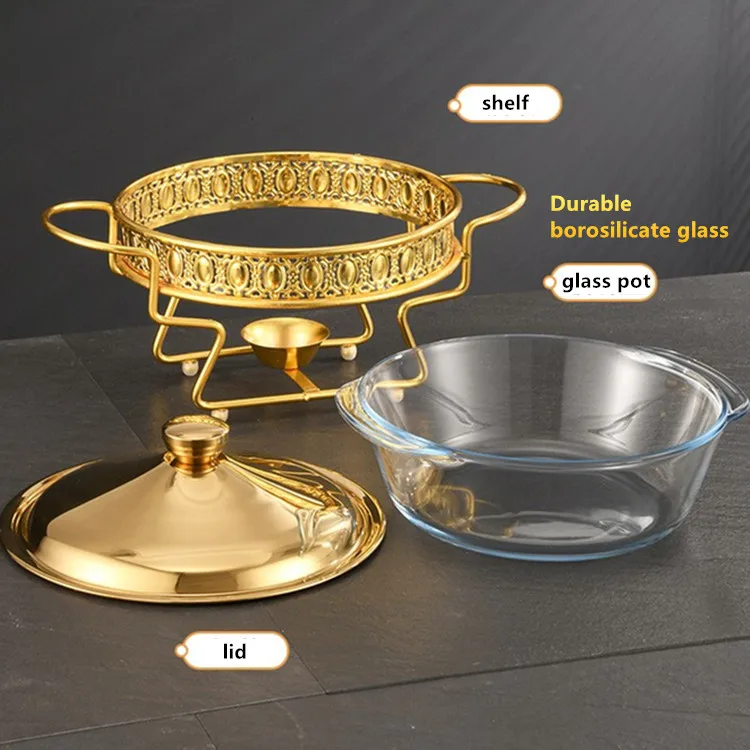 Deluxe Gold/Stainless Steel Color Hot Pot Buffet 2.0L Glass Buffet Hot Pot Food Heater