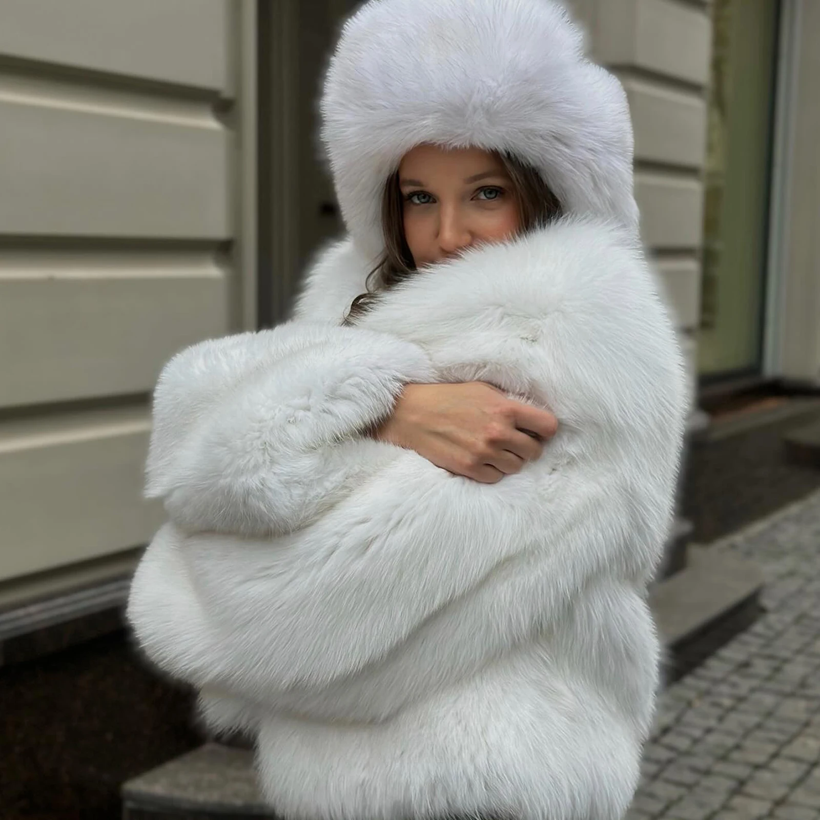 Winter Fashion Real Fox Fur Jacket For Women Outwear V-Neck Genuine Wholeskin Fox Fur Coat Thick Warm Fur Overcoat Luxury Woman