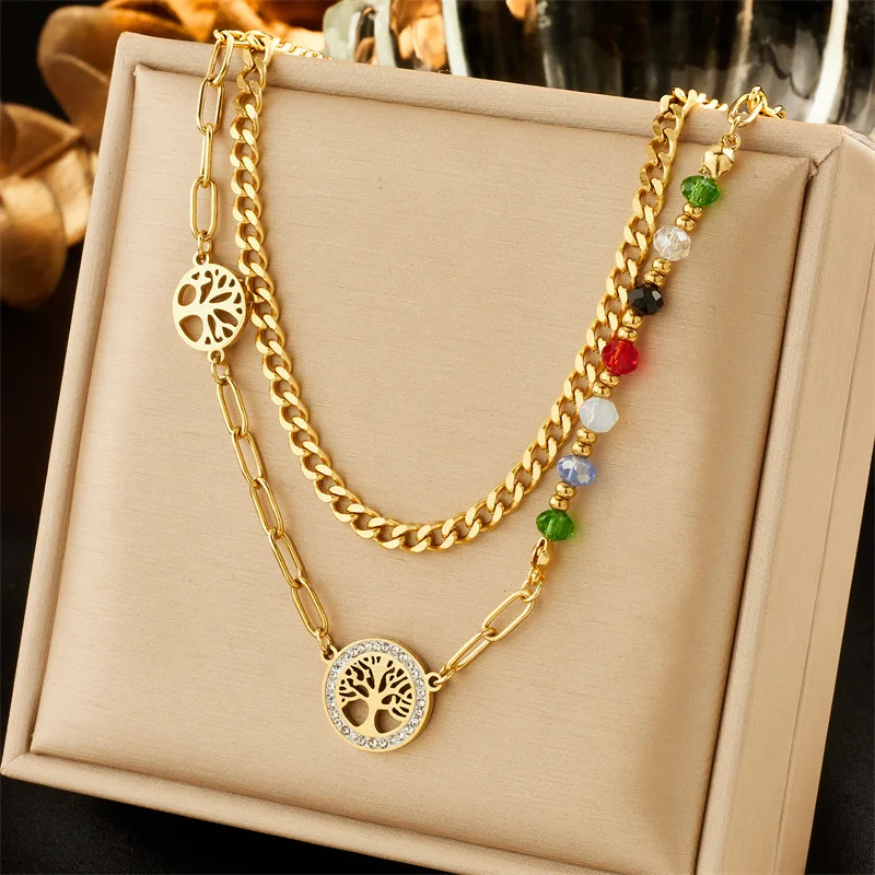 316L Stainless Steel Retro Chain Circular Life Tree Colored Crystal Double-layer Necklace Earring Bracelet Wedding Jewelry Set