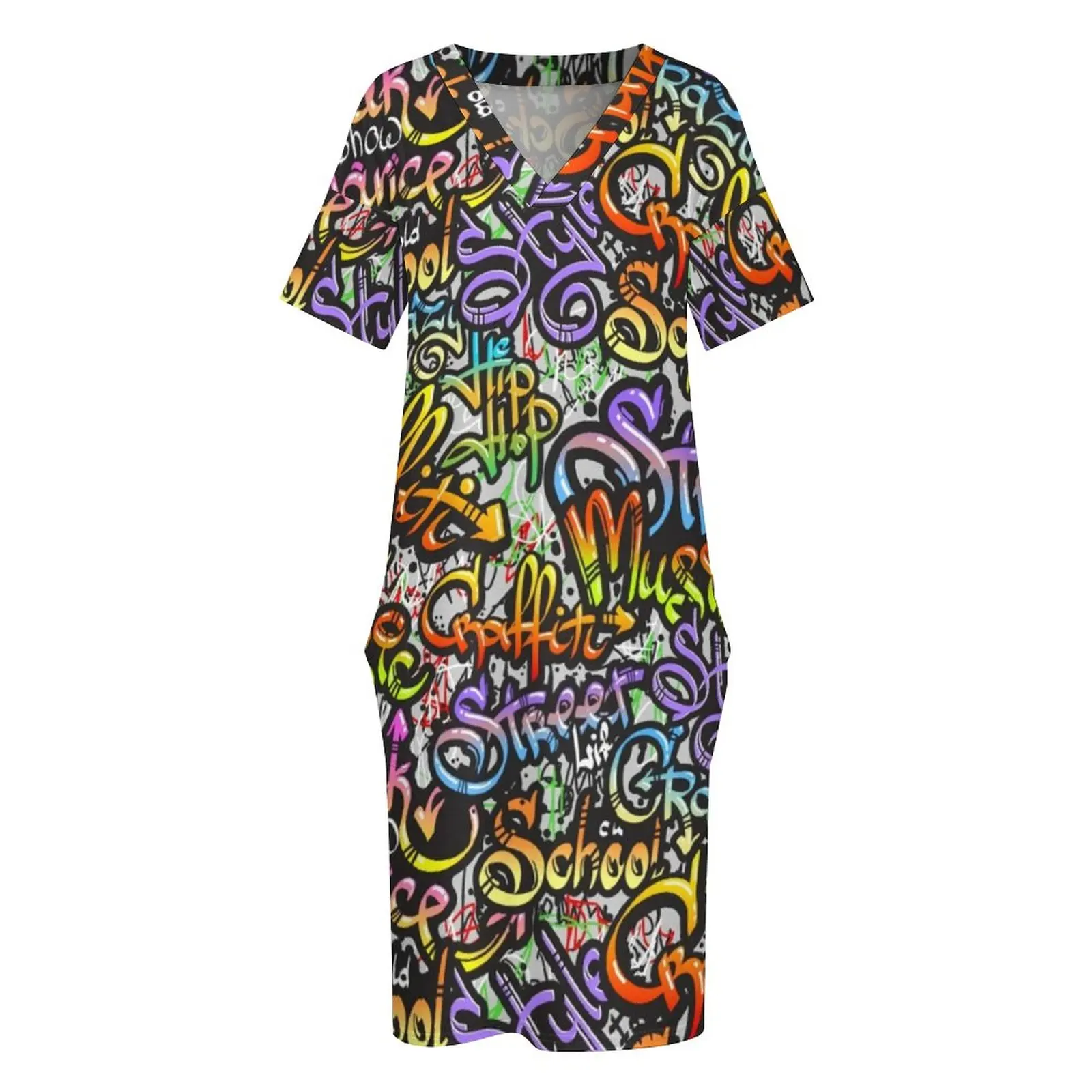 Palavra graffiti rua arte vestido casual feminino carta imprimir vestidos bonitos primavera v pescoço rua moda vestido impresso plus size 5xl