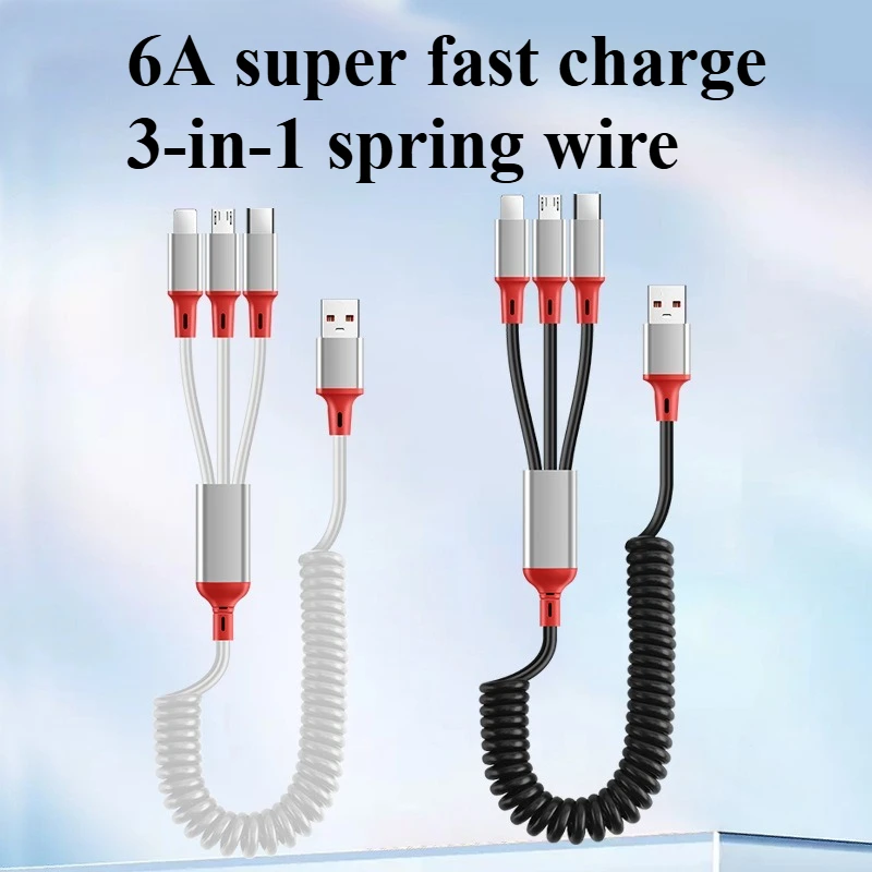6A Super Fast Charging 3-in-1 Spring Data Cable Suitable for Apple TypeC Micro Charging Cable  for IPhone Samsung Xiaomi Redmi