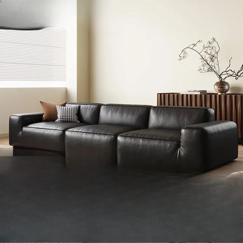 Big black cow leather sofa, Italian minimalist first layer cowhide in the living room
