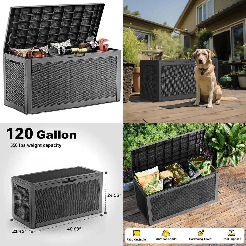 

120 Gallon Resin Outdoor Storage Box with Lockable Lid for Patio, Pool, and Garden Use - Black Waterproof