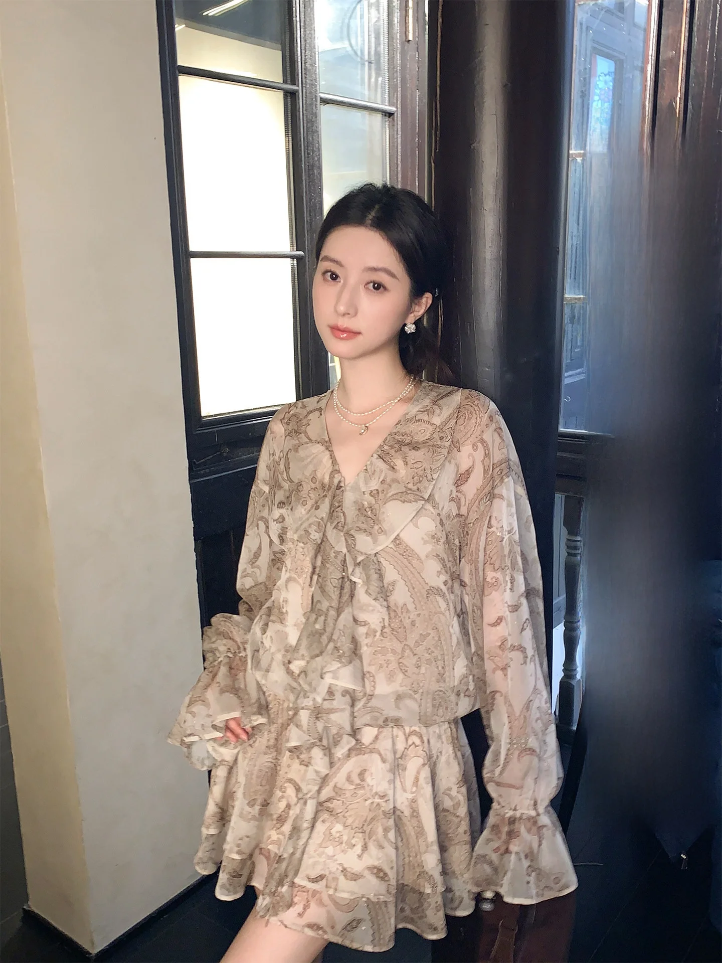 

Ele V-ne Chiffon Dr Women's Spring Printed Skirt Bell Sve Long Sve Loose Fit A-line Dr Aboutpoem