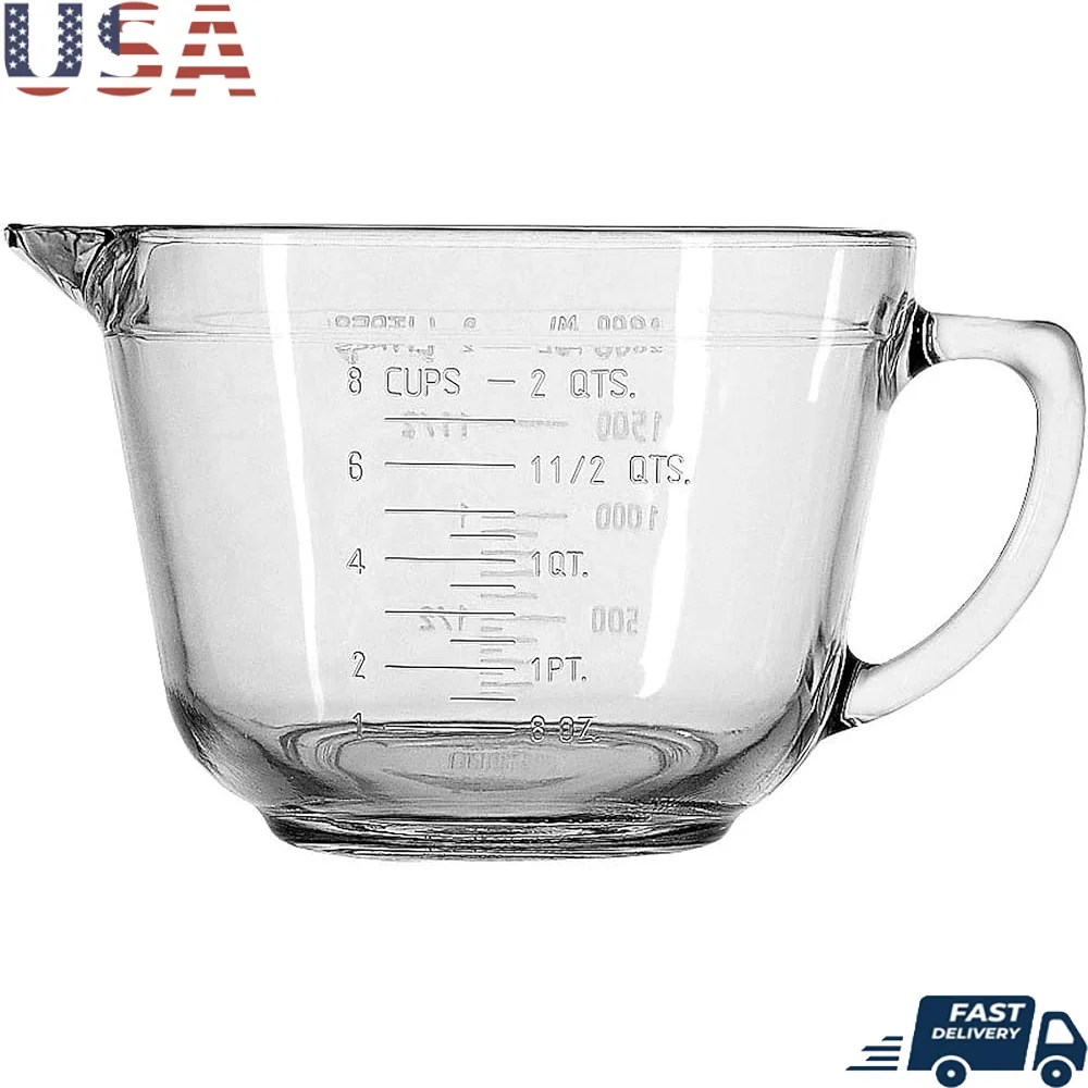 

2 Quart Clear Glass Batter Bowl with Embossed Measuring Lines Spout Durable Mixing Cooking Baking Microwave Safe
