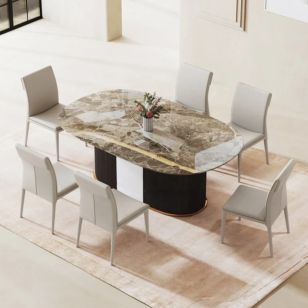 Solid Wood Base Dining Table Luxury Marble Rock Slab Dining Table