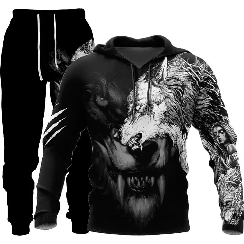 Conjunto de chándal informal para hombre y mujer, traje de 2 piezas con estampado 3D de tatuaje de tótem de Lobo, Sudadera con capucha y pantalones,