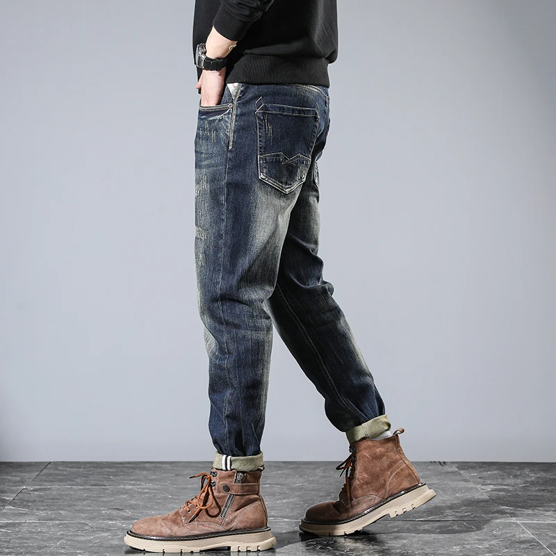 American retro heavy wash new Slim small leg jeans men high end versatile elastic burst scraping old pants men's models