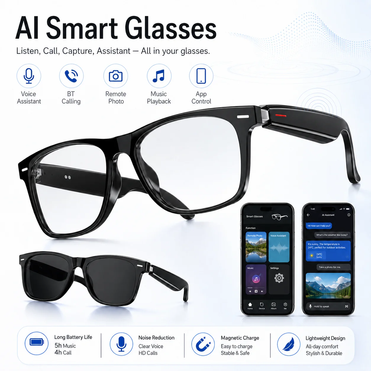 LAXASFIT Smart Sports Glasses Bluetooth 5.3 Open Ear Stereo Sound Call Music Voice Assistant Cycling Sunglasses Gift