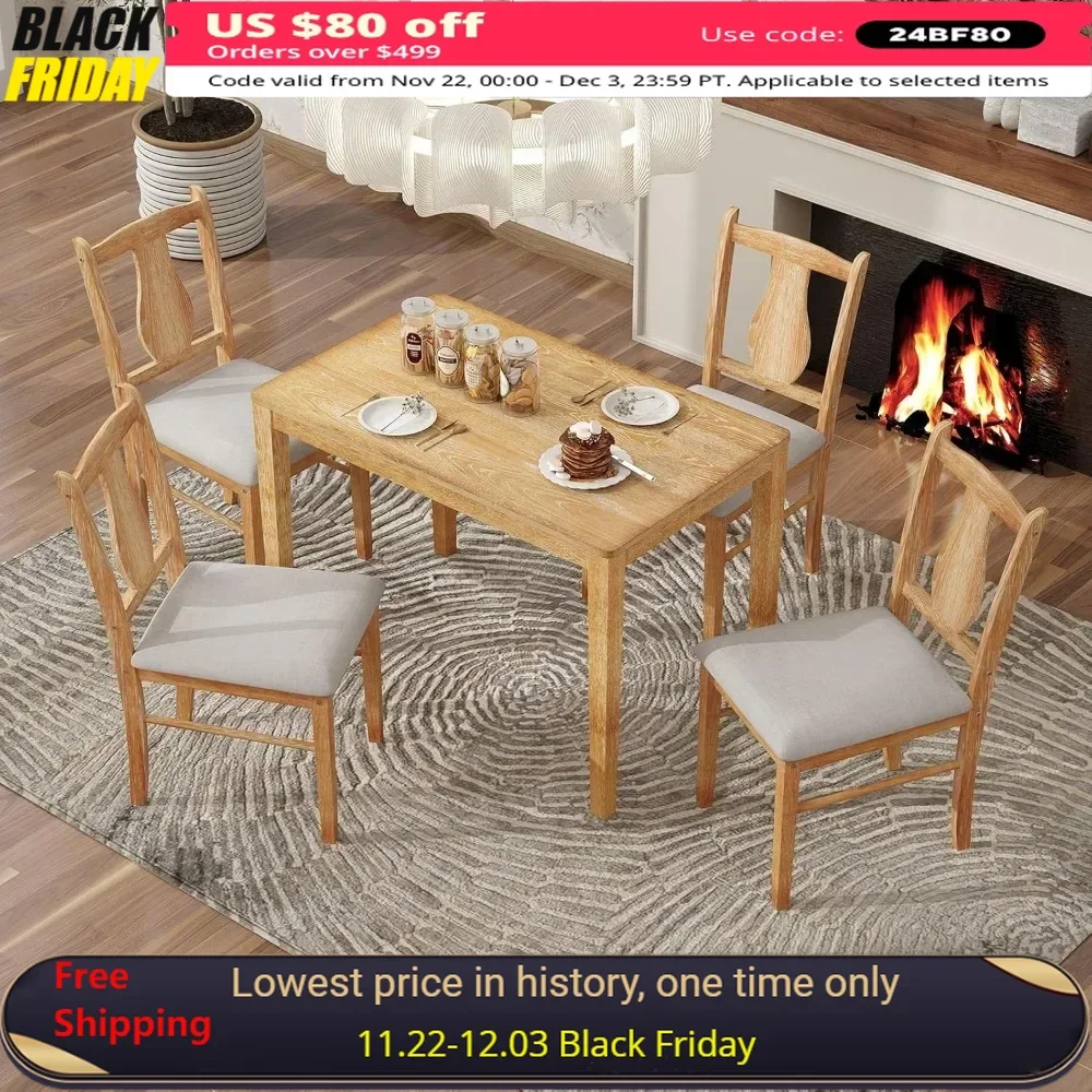 5-Piece Dining Table Set, Rectangular Dininer Table with 4 Upholstered Chairs for Family, Retro Solid Wood Dining Room Set