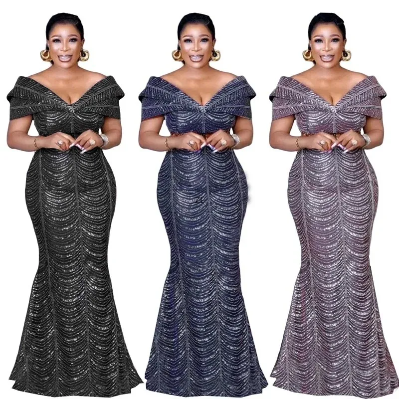 

2024 Elegant African Party Evening Dresses for Women Summer African V-neck Wedding Maxi Bodycon Dress Dashiki African Clothes