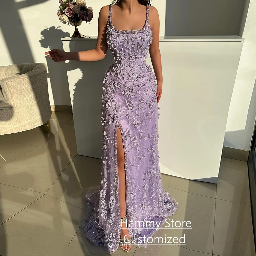Luxuriöses Perlen-Abendkleid, maßgeschneidert, quadratischer Ausschnitt, ärmellos, Blumen, Perlenstickerei, geteilt, saudi-arabisches Partykleid, Ballkleider