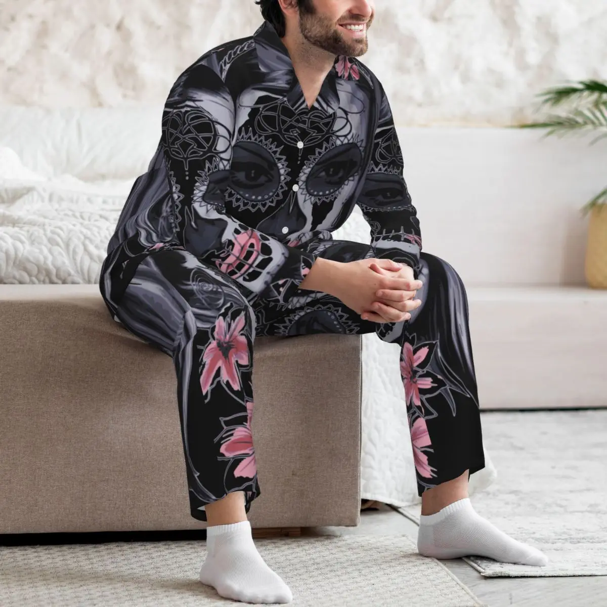 Katrina Skull Pantalones de manga larga Pijamas para hombres Conjuntos de ropa de dormir para el hogar de otoño e invierno